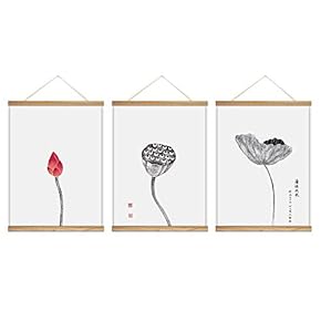 3 Panel Hanging Poster with Wood Frames Lotus Canvas Artwork Wall Picture Home Decoration - 18"x24"x3 Panels