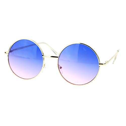2 Tone Color Lens Retro Vintage Style Round Circle Hippie Groovy Sunglasses Blue Pink