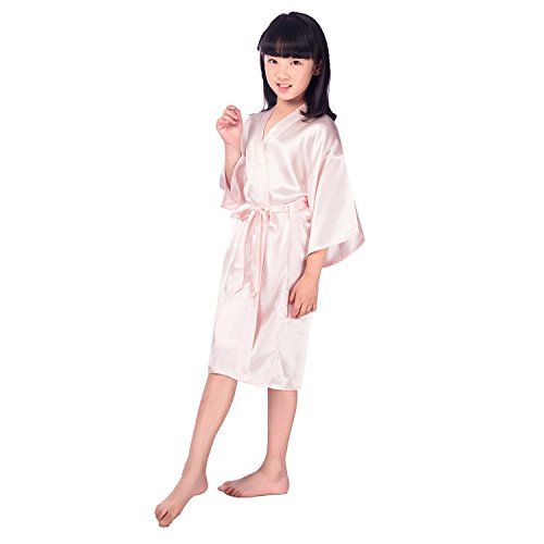 Children's Silk Stain Pure Kimono Wedding Dressing Gown Kimono Robes Bridal Lingerie Sleepwear,Pink,12