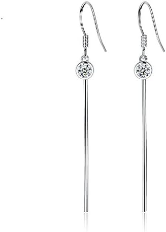Minimalist Dangle Drop Flat Long Bar Earrings Round Cut Cubic Zirconia Fish Hook Silver Tone