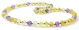 Raw Baltic Amber Teething Necklace made with Amethyst Beads - Sizes from 11 to 14.2 inches (Baby / Toddler / Children) - BoutiqueAmber (11 inches, Raw Lemon / Amethyst)