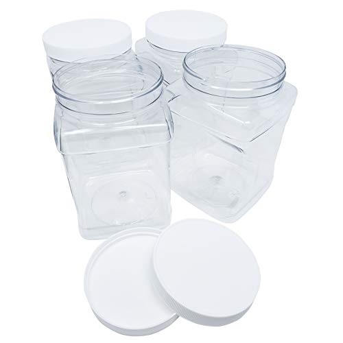 Kelkaa 64oz Clear PET Plastic Square Wide Mouth Jars with Grip Handle and White Ribbed Lined Caps, BPA Free, Multi-Use Empty Containers, Household Dried Food Canisters, Made in the USA (Pack of 4) - Thumbnail 4