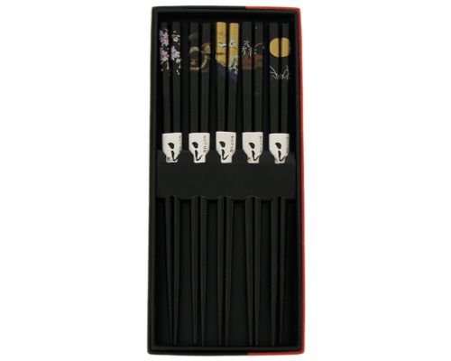 Japanese Chopsticks 5 Pair Set Dining Table Starter Kit Beautiful Gift Item Nicely Packaged (Black Scenery) - Thumbnail 2