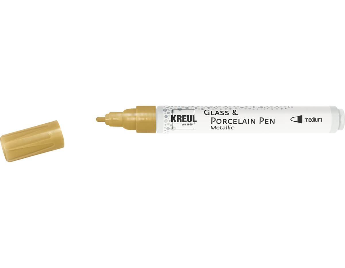 Kreul 16415 - Glass & Porcelain Pen Metallic Medium Gold Dimensionally Stable Bullet Tip Line Width Approx. 2 - 4 mm Porcelain Painting Pen with Brilliant Metallic Water Based Paint Solvent