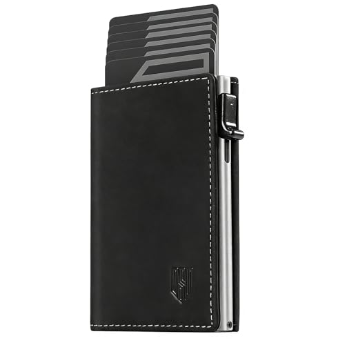 Men's RFID Blocking Anti-Theft Pop Up Wallet, Genuine Leather Slim Bifold Card Holder, Magnetic Closure, YKK Coin Pocket, ID Window, Holds 8-10 Cards or Bills, 5+ Coins (Black Grey Silver)