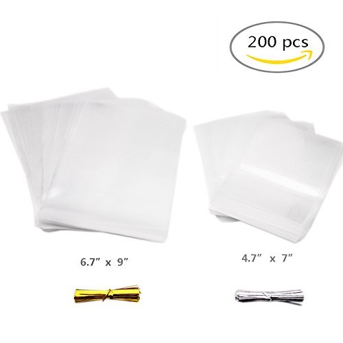 200pcs Clear Cellophane Bags, Party Favor Treat Bags with 200 Pcs Twist Ties for Bakery, Cookies, Candies