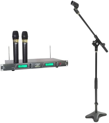 Pyle Mic and Stand Package - PDWM2550 19'' Rack Mount Dual VHF Wireless Rechargeable Handheld Microphone System - PMKS7 Compact Base Microphone Stand