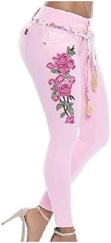 Sheng Xi Women's Stretchy Denim Embroidery Sexy Pencil Pants Jeans Pink M