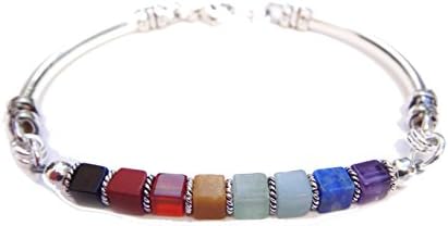 DAMALI Handmade Genuine Chakra Bracelet, Authentic 7 Stone Silver Bangle Gemstone Healing Crystal Yoga Reiki Meditation