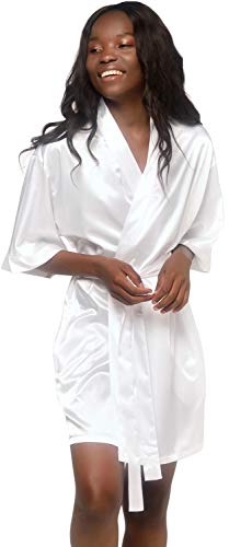 Women's Pure Color Satin Short Kimono Bridesmaids Lingerie Robes (White, XX-Large)