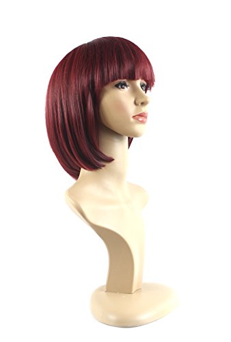 Xiaoyu Flat Bangs Natural Short Straight BOB Ladies Cosplay Wigs - Red Wine
