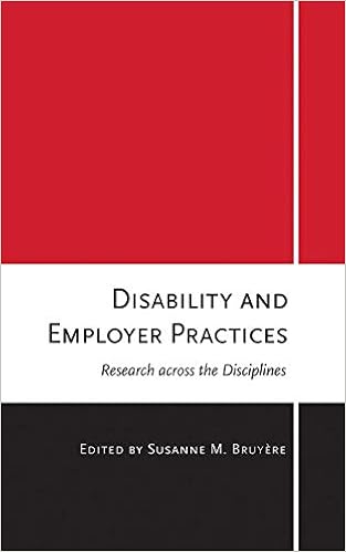 The cover of Disability and Employer Practices: Research across the Disciplines. The cover is red on top, white in the middle, and black on the bottom. 