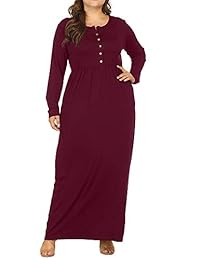Allegrace Henley Maxi vestido de manga larga con botones y cuello redondo para mujer