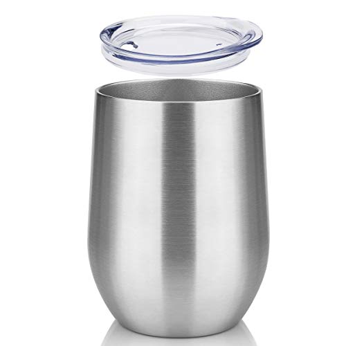 Civago Insulated Stemless Wine Tumbler Glass with Lid, 12 oz Stainless Steel Double Wall Vacuum Wine Cup for Wine, Coffee, Drinks, Champagne, Cocktails, Gifts(Stainless, 1 pack)