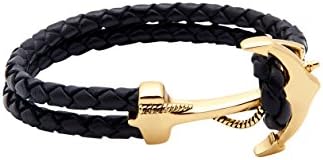 Men's Black Leather Bracelet with 925 Solid Silver 18K Gold Plated Anchor, Size M