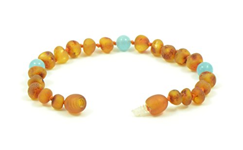 Baltic Amber Teething Bracelet / Anklet Mixed with Semi Precious Stones - Hand-Made from Certified Natural Baltic Amber Beads (5.5 inches (14 cm, Raw Cognac / Aquamarine)