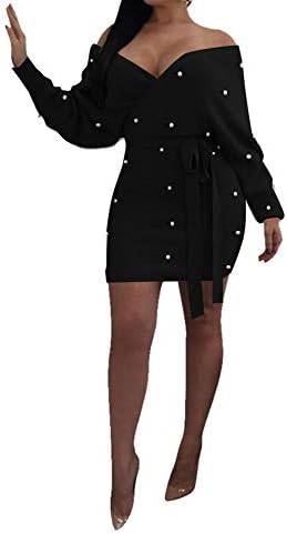 Wancy Bodycon Mini Dress for Women Off Shoulder Long Sleeve V Neck Bead Wrap Sexy Party Club Dress with Belt