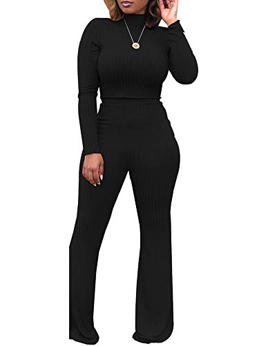 Women High Waist Bodycon Wide Leg Jumpsuit 2 Piece Set Long Sleeve Turtle Neck Crop Sweater Set Black M