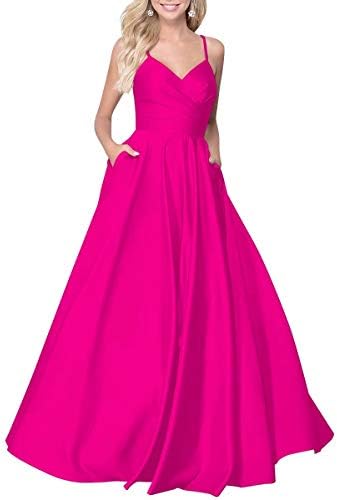 KAOSHAN Long Prom Dress Satin V Neck 2019 Beaded Spaghetti Straps A-line Evening Gown with Pockets