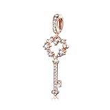 BAMOER Rose Gold Eternity Heart Key Charms Pendant Sterling Silver Charm with CZ fit Women Bracelets DIY Jewelry Gift