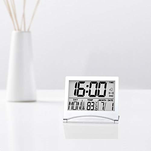 Betus Digital Travel Alarm Clock - Foldable Calendar & Temperature & Timer LCD Clock with Snooze Mode - Large Number Display, Battery Operated - Compact Desk Clock for All Ages (Silver)