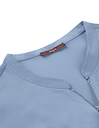 Gaharu Work Blouses for Women, Henley V Neck Top with Zipper Short Sleeve Office Tunic Soft Comfoetable Polyester Tee Shirts Blouse Blue,L