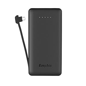 EasyAcc Powerbank 6000mAh Ultra dünn Externe Batterie Micro USB eingebaut Kabel für Samsung, Huawei, Sony und weitere Smartphones