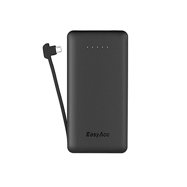 EasyAcc Powerbank 6000mAh Ultra dünn Externe Batterie Micro USB eingebaut Kabel für Samsung, Huawei, Sony und weitere Smartphones
