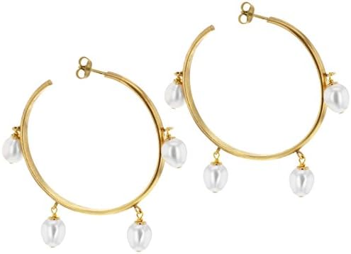 Ela Stone Gilda White Pearl Drops Hoop Brass Earrings