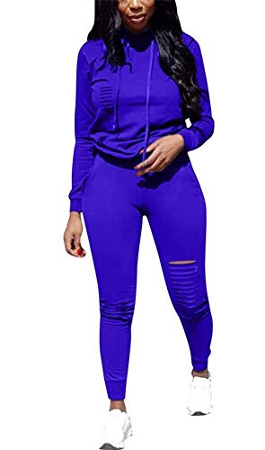 LKOUS Womens 2 Pieces Outfits Long Sleeve Ripped Hooded Sweatshirt Shirt Tops and Bodycon Long Pants Tracksuit Set Plus Size