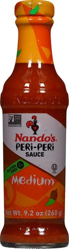 NANDOS PERI PERI MEDIUM SAUCE – SPICY SAUCES, SEASONING OR MARINADE FOR WINGS, FISH, MEAT, RICE OR VEG – NO ARTIFICIAL COLORS, FLAVORS, NON-GMO, NO MSG, GLUTEN FREE, VEGETARIAN – 9.2 OZ MEDIUM
