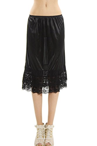 Melody Long Double lace Satin Half Slip Skirt Extender Underskirt- 24" Length (Black, Small)