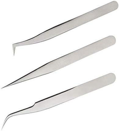 Tweezers for Eyelash Extensions by AUMELO - 3 PCS Professional Stainless Steel Precision Eyelashes Lash Tweezers Set for Your Beauty - Steel Pointy Ends Meet Perfectly,Silver