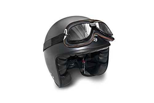 Vintage Motorcycle Goggles in Black Leather and Orange Stitching with Anticrash Lenses By Bertoni Italy - AF196B - Motorbike Aviator Goggles