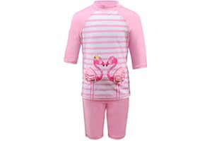 Julysand Toddler Girls Rash Guard Sets 3D Flamingo Swimsuit Pink Striped Two Piece Modest Swimwear Sun Protection Suit