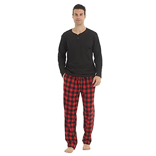 LANBAOSI Pyjama long 2 pièces pour homme - Long - Chaud - Hiver - Manches longues et pantalon de pyjama en polaire - Pantalon de pyjama à carreaux, Noir + rouge., L