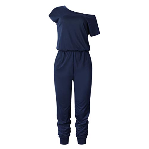 Fheaven Women's Off-Shoulder Jumpsuits Playsuit Short Sleeve Rompers Long Pants with Pocket (XL, Navy)