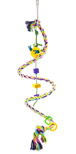 Birds LOVE Cotton Boing n’ Toy with plastic chews & toy rattle ball on Sisal Rope, African Congo, Goffin Cockatoo, Mini Macaw, Yellow Naped Amazon, Size MD: 0.87″Dia63″L (full length if straightened)