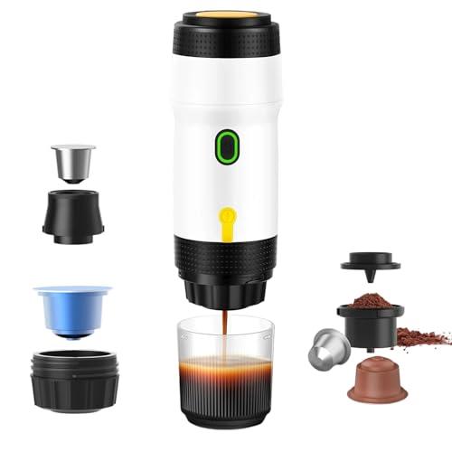 Camping Kaffeemaschine Akku, 3-in-1 Tragbare Espressomaschine mit 7500mAh Batterie für Wohnmobil Gadgets, Mini Reisekaffeemaschine Auto 12V USB, Kompatibel mit Kapsel & Gemahlener Kaffee