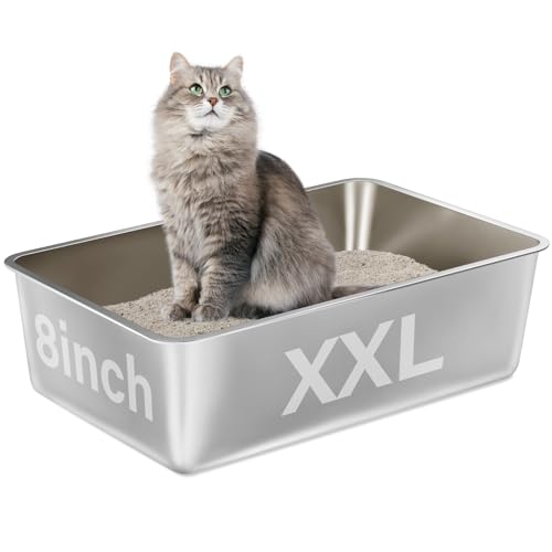 EGMEHOAD Stainless Steel Litter Box,XXL Metal Cat Litter Box for Big Cats 8IN D…
