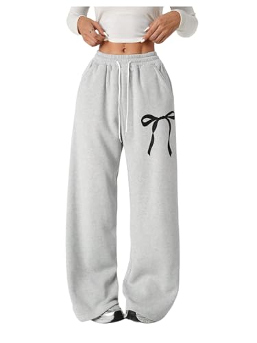 Verdusa Girl's Bowknot Baggy Sweatpants Lightweight Straight Leg Athletic Pants with Pockets