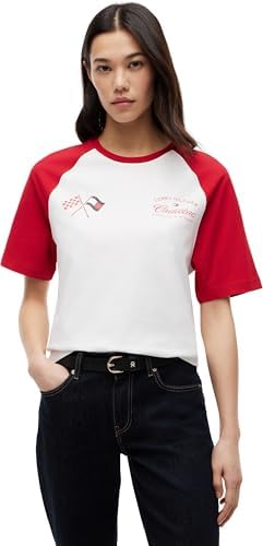Unisexe T-Shirt Manches Courtes TH X Cadillac F1 Varsity Raglan Coton, Multicolore (White/Red), M