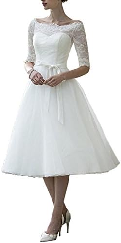 Dobelove Lace Half Sleeves Tea Length Ball Gown Wedding Dress,18 Plus,White