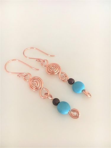 Handmade Turquoise Howlite Dark Brown Obsidian Copper Dangle Stick Earrings