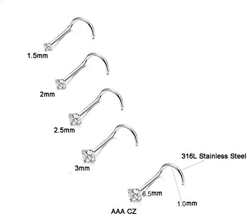 8 Pcs 18 Gauge Stainless Steel Nose Rings Studs L Shaped Crook Nose Body Piercing Jewelry 1.5mm 2mm 2.5mm 3mm Diamond CZ Nose Stud L Bend for Women Girl Piercing (Sliver-Steel)