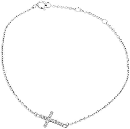 Sterling Silver Adjustable Chain Bracelet with CZ Crystal Pave Small Sideway Cross Charm, 6", 7", 8"