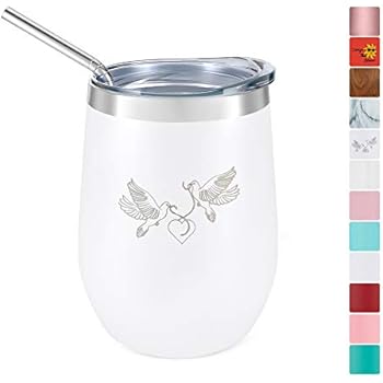 Rosato Bay Insulated Stainless Steel Wine Tumbler Glass, 12 oz Coffee Mug, Stemless Travel Tea Cup with Lid and Straw, White (Matte), Doves Holding Ribbon with Heart