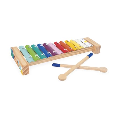 Janod - Wooden and Metal Xylophone - Children's Musical Instrument - 12 Keys and 2 Drumsticks Included - Imitation Toy and Musical Awakening - Water Painting - Suitable for Ages 18 Months Onwards