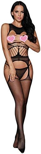 Jelove Women Sexy Crotchless Fishnet Bodystocking Striped Bodysuit Lingerie Set