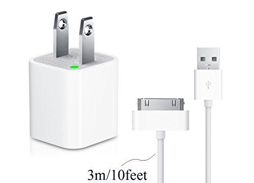 Winky(TM) 10 Ft / 3M USB Cable for Apple iPhone 4 4S 3GS iPad 1 / 2 / 3 Sync Cable Power Cord with Wall Charger (White)